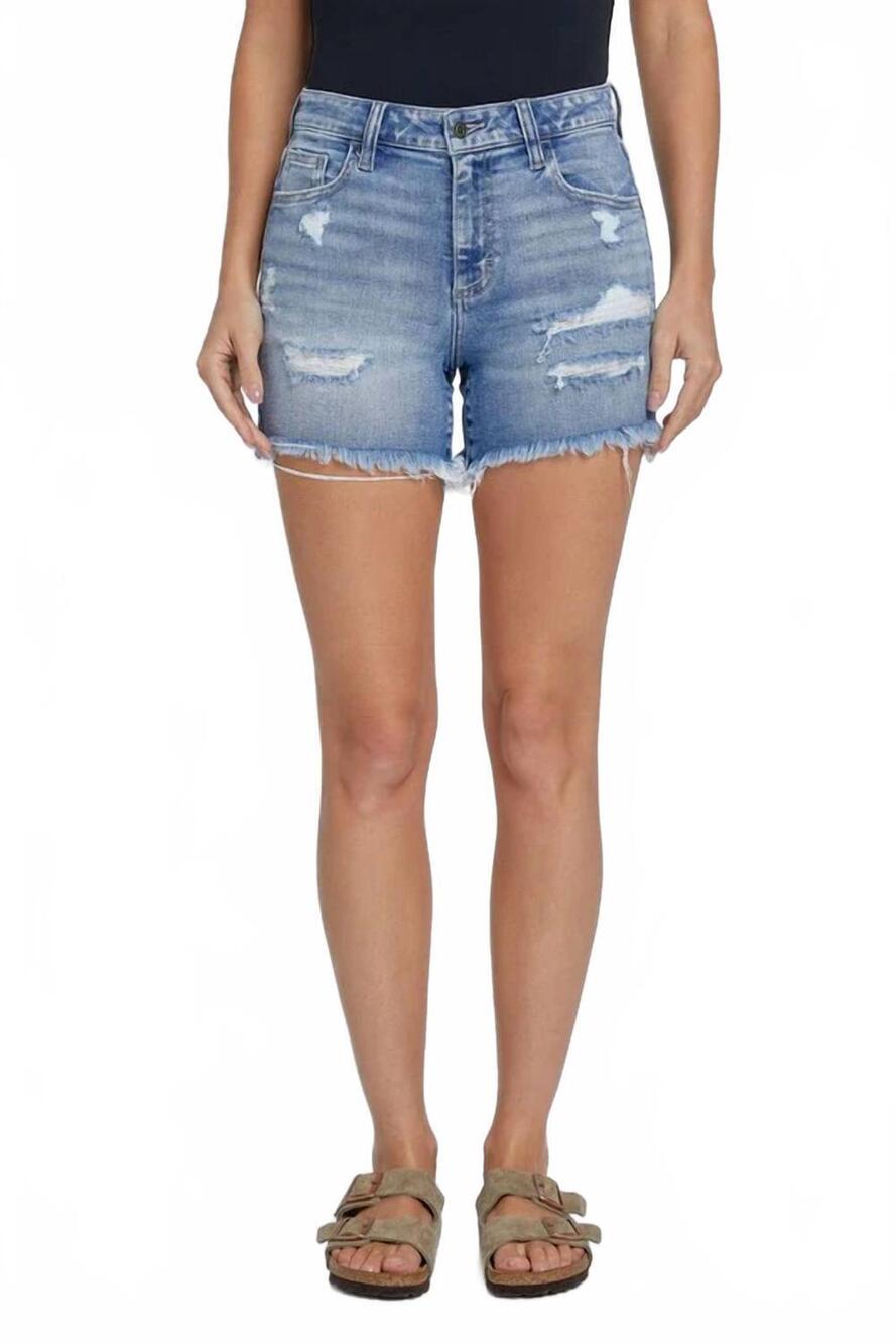 NEW CELLO denim boyfriend fray shorts in medium wash